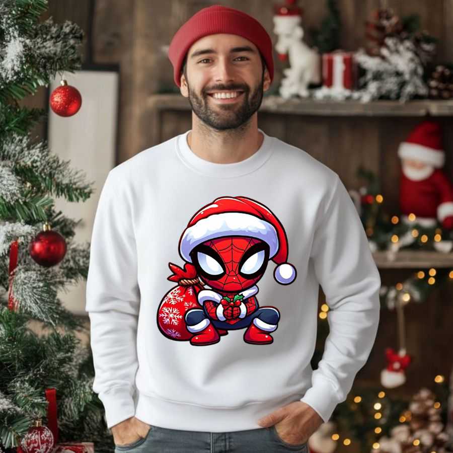 Festive Chibi Spider-Man Holding Christmas Gift Bag Sweatshirt 2 Festive Chibi Spider-Man Holding Christmas Gift Bag Sweatshirt 2
